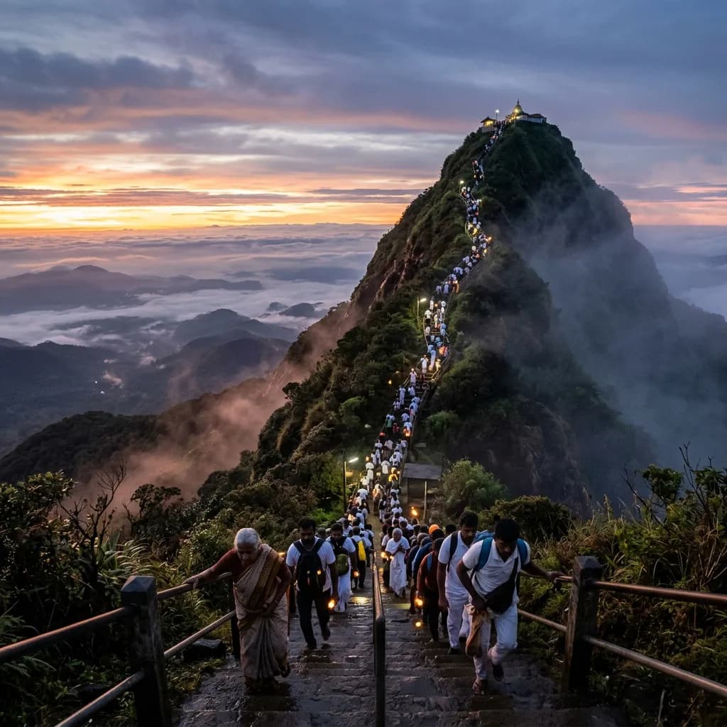 Adam's Peak ridgeline at dawn with pilgrims ascending