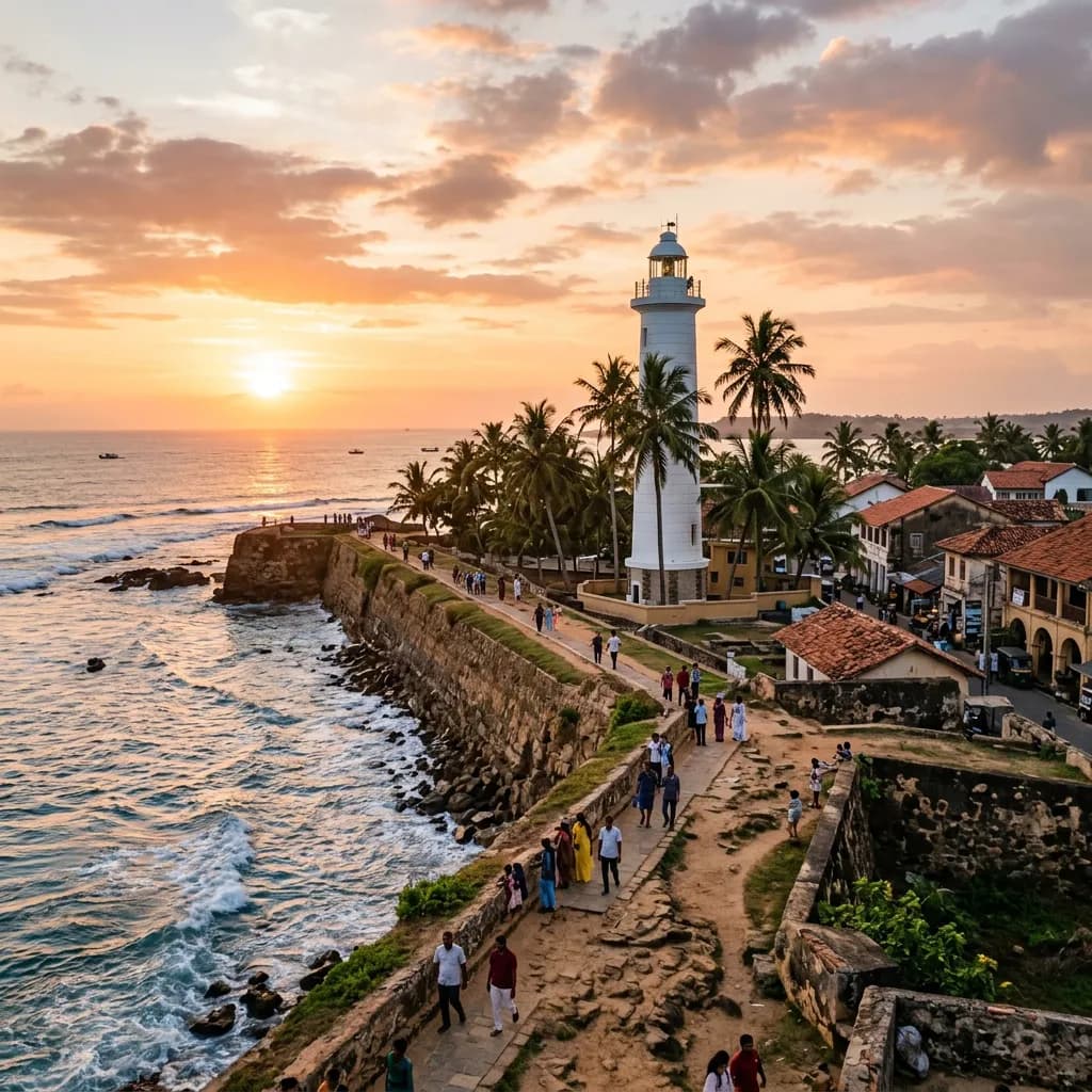 Galle Fort southern ramparts and lighthouse at dusk, southern Sri Lanka
